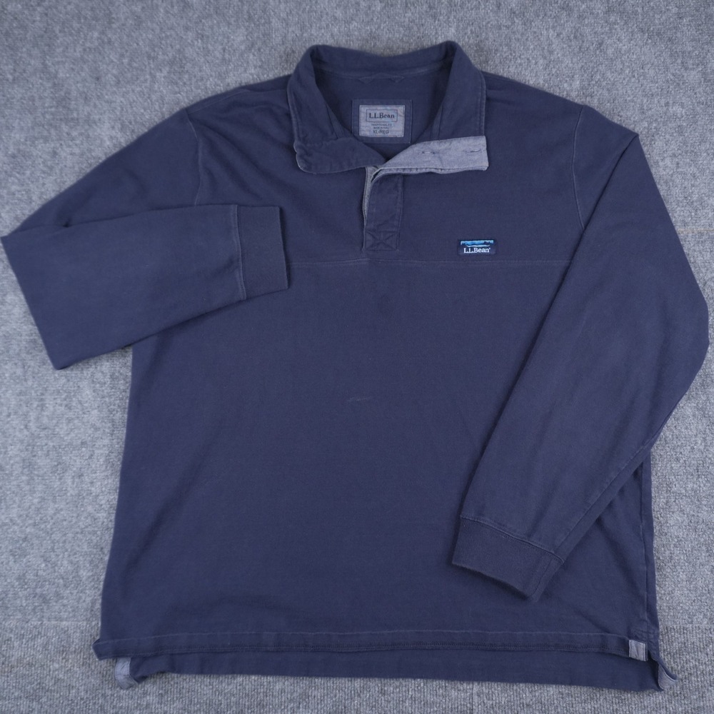 L.L. Bean Polo Shirt Mens XL Navy Blue Long Sleeve Button Traditional Fit Logo